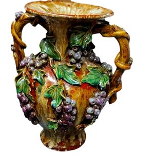 MAJOLICA  VASE URN FEATURES RELIEF THREE DIMENSIONAL GRAPE LEAVES - ANTIQUE LARG